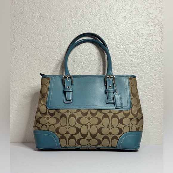 Coach Y2K Monogram Tan/Teal Blue Trim Shoulder Tote Bag - Picture 1 of 12